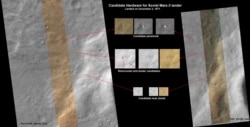 NASA-ina montaža slika koja prikazuje navodne dijelove lendera ‘Mars 3’ i njegov retroraket, toplinski štit i padobran na površini Marsa 2007. godine.