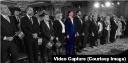 Iuri Vitneanski (în centru), vicepreședinte al Partidului „Renaștere”, la Moscova, în timpul lansării blocului politic „Pobeda”.