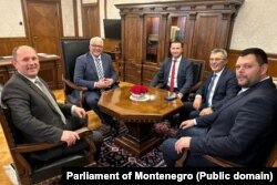 Predsjednik Skupštine Crne Gore Andrija Mandić sa predsjednikom Odbora direktora EPCG Gore Milutinom Đukanovićem i Opštine Nikšić Markom Kovačevićem, direktorom EPRS Lukom Petrovićem i gradonačelnikom Trebinja Mirkom Ćurićem, Podgorica, 4. januara 2024.
