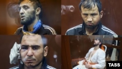 Presupușii atacatori de la Crocus City Hall, imagini de la tribunal (de la stânga sus către dreapta jos): Dalerzhon Mirzoyev, de 32 de ani, Fariduni Shamsidin, 25 de ani, Saidakrami Rachabalizoda, 30 de ani, și Mukhammadsobir Faizov, de 19 ani.