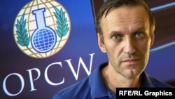 Alexei Navalnîi și sigla Organizației Internaționale pentru Interzicerea Armelor Chimice, categorie în care intră și agentul neurotoxic Noviciok, cu care a fost otrăvit opozantul rus, anul trecut, în Siberia. 