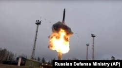RUSSIA -- An intercontinental ballistic missile Avangard lifts off from a truck-mounted launcher somewhere in Russia, undated