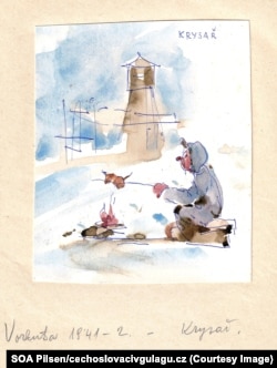Desen reprezentând un prizonier din gulag care gătește un șobolan. Cuvântul din dreapta sus înseamnă „vânător de șobolani” în limba cehă. Ilustrația provine din memoriile lui Vladimir Levora, un artist ceh care a fost condamnat la trei ani în gulag pentru trecerea ilegală a frontierei. A murit în Republica Cehă în 1999, la vârsta de 78 de ani.