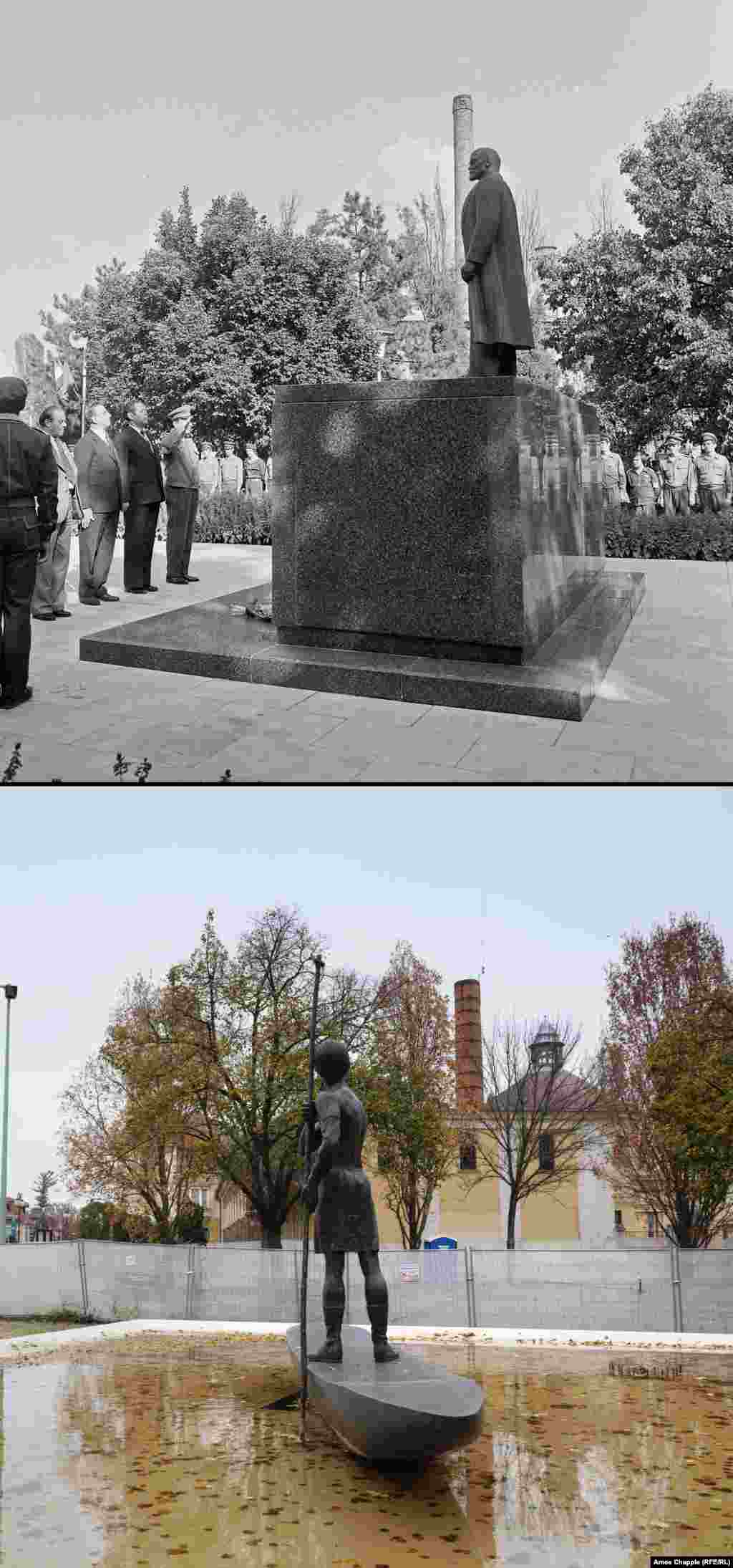 Szolnok, 1977-2019 Un monument al lui Lenin, ridicat în anii &#39;60 la Szolnok, a fost înlocuit cu o instalație reprezentând o scenă din istoria timpurie a orașului. Coșul de fum pe fundal a fost scurtat și el. Foto: Fortepan/ MHSZ, 1977