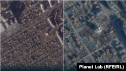 Imagine din satelit: noiembrie 2021/martie 2022 - biserica principală din Bucea și mormintele săpate după retragerea Rusiei, în martie 2022.