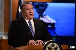 Mike Pompeo vorbind presei la Departamentul de stat, Wahsington DC, 13 iunie 2019.