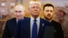 Președintele SUA, Donald Trump (centru), președintele rus Vladimir Putin (stânga), președintele ucrainean Volodimir Zelenski (dreapta) - ilustrație RFE/RL.