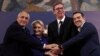 SERBIA -- Serbian President Aleksandar Vucic, second right, poses with Romanian Prime Minister Viorica Dancila, second left, Bulgarian Prime Minister Boyko Borisov, left, and Greece's Prime Minister Alexis Tsipras after talks in Belgrade, Serbia, Saturday
