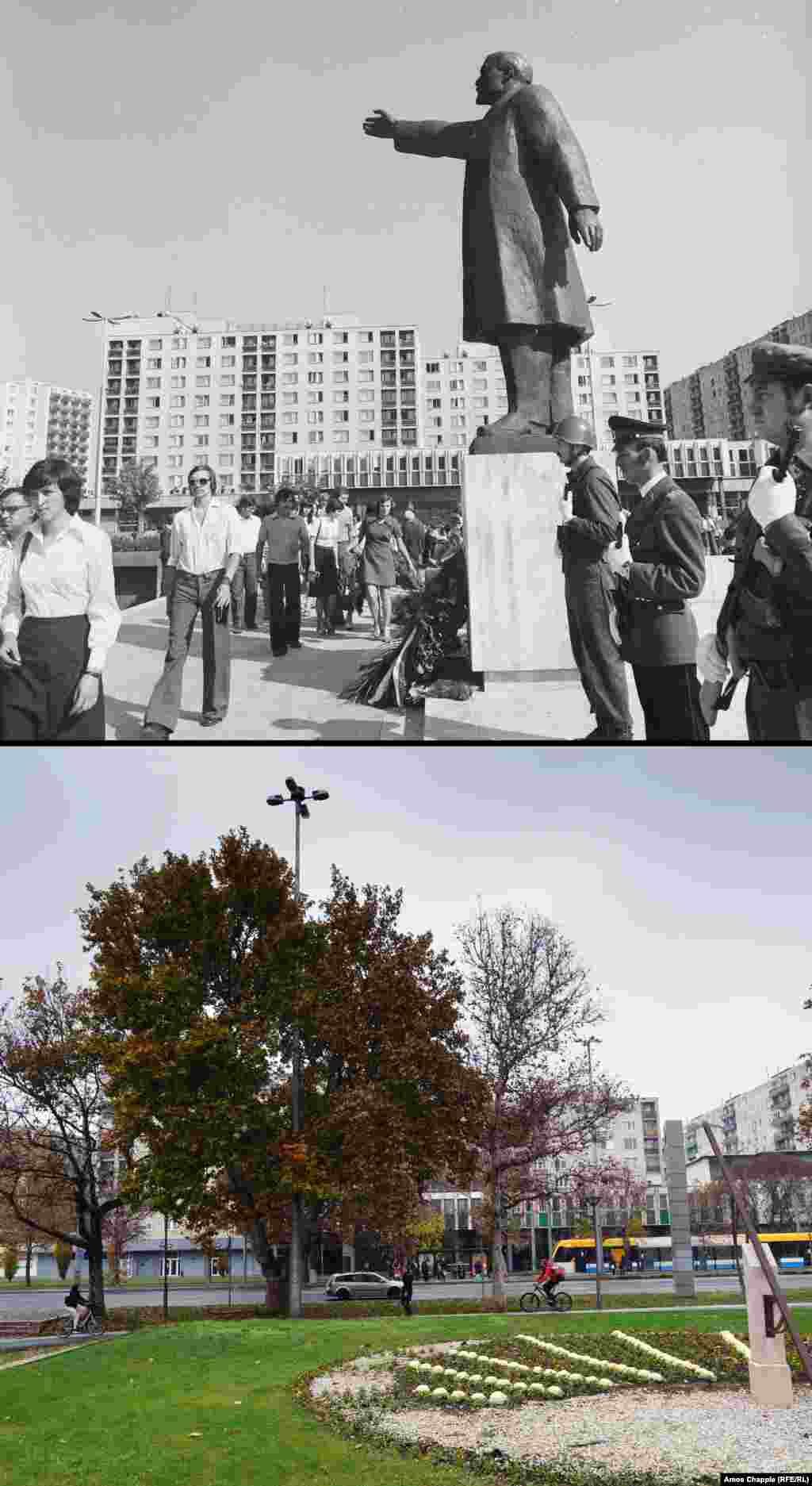 Debrecen, 1977-2019 Lenin arătând cu mâna spre vest, în Debrecen (sus). Astăzi, un locul său se înalță un ceas solar cu aripi de Fenix. Foto: Fortepan/ MHSZ, 1977