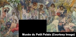 „Bosniaci" preistorici reprezentați într-o pictură de mari dimensiuni în interiorul pavilionului.