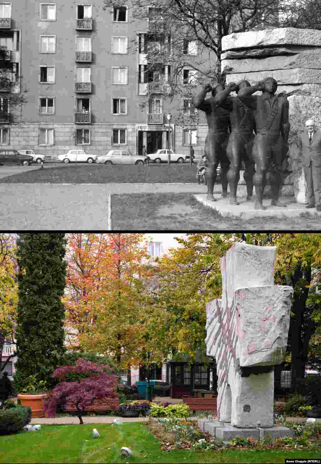 Budapesta, 1974-2019 Memorialul Armatei Sovietice, dintr-unul din parcurile centrale din Budapesta (sus), a fost înlocuit cu o cruce gigantică din piatră. Pe inscripția de pe noul monument scrie că acesta este dedicat &bdquo;compatrioților noștri care au murit în lagărele sovietice&rdquo;. Foto: Fortepan/ Gyongyi, 1974