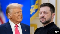 În acest colaj, Donald Trump apare într-o fotografie din 22 februarie 2025, iar Volodimir Zelenski într-o fotografie din 12 februarie 2025