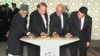 Indian Vice President, Hamid Ansari (L), along with Turkmen President Gurbanguly Berdymukhamedov (R), Afghan President Ashraf Ghani (2R) and Pakistani Prime Minister Nawaz Sharif press the button to begin the welding process of the TAPI Gas Pipeline in Mary, capital of south eastern Mary province.