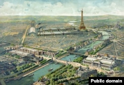 Ilustrație înfățișând clădirile, în cea mai mare parte temporare, ale Expoziției de la Paris, deschisă din primăvară până în toamnă în 1900