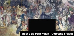 O friză care ilustrează credințele catolică, ortodoxă și musulmană, cele trei religii majore ale țării. Spațiile negre sunt decupate în locul unde erau amplasate ușile sau ferestrele în timpul expoziției.