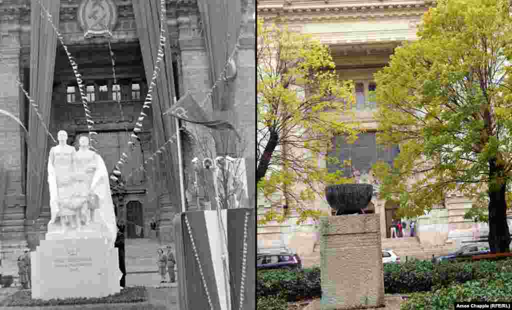 Budapesta, 1949-2019 O statuie de calcar a fost dezvelită cu ocazia zilei de naștere a lui Stalin, chiar în centrul Budapestei (stânga). Statuia era însoțită de inscripția: &bdquo;Marelui Stalin - de la poporul maghiar recunoscător.&rdquo; În 1956, aceasta a fost dată jos de pe postament, iar în locul său a fost înălțat un monument în memoria victimelor primei revoluții maghiare din 1848. Foto: Fortepan/ Magyar Rendor, 1949