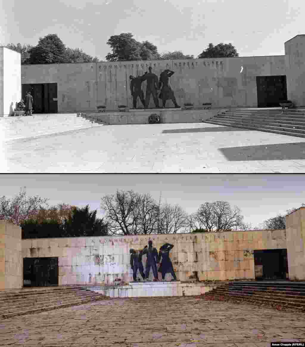 Budapesta, 1968-2019 Un proeminent monument comunist care a rămas neatins este Panteonul Mișcării Muncitorești din Cimitirul Fiumei din Budapesta. Sute de urne din criptă păstrează cenușa unor comuniști maghiari proeminenți, deși majoritatea spațiilor rămân azi goale. Inscripția de deasupra celor trei figuri spune: &bdquo;Au trăit pentru comunism și pentru oameni&rdquo;. Fortepan/ Lechner Nonprofit Kft. Dokumentacios kozpont, 1968 &nbsp; 
