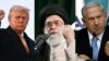Președintele american Donald Trump (stânga), liderul suprem iranian ayatollahul Ali Khamenei (centru) și prim-ministrul israelian Benjamin Netanyahu - colaj