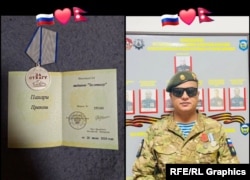 Activitatea online a lui Pahari Prakash dezvăluie numeroase detalii despre perioada sa petrecută în armata rusă, inclusiv un premiu (stânga) pe care l-a primit pentru „curaj.”